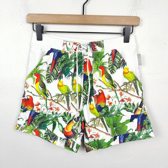 TaddLee Swim Shorts Mens Small White Tropical Bird Print Board‎ Parrots Fronds - Picture 1 of 6